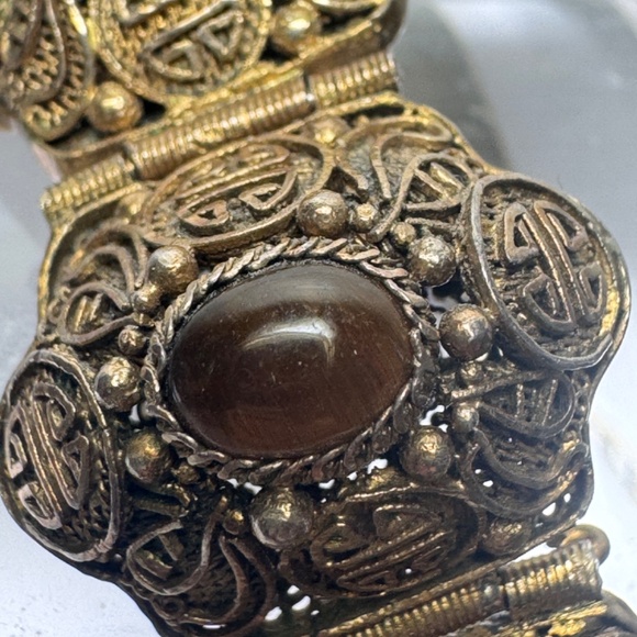 Vtg Chinese Export Bracelet Tiger's Eye Cabochon Silver Gilded Vermeil Filigree - Picture 7 of 16